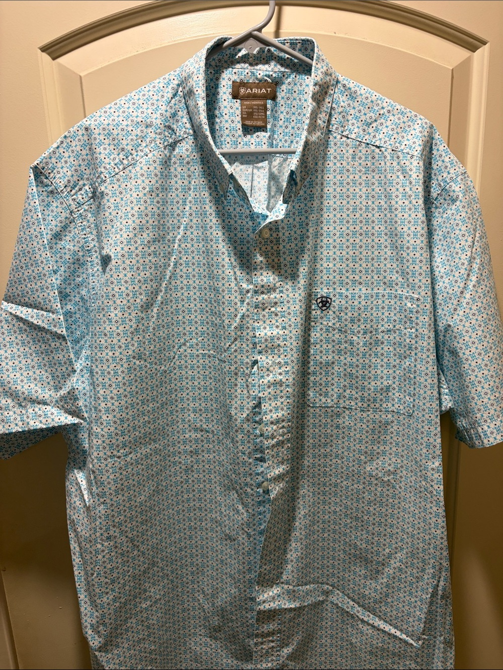 Ariat Men's Teal and White Micro-Print Short Sleeve Button-Down Shirt